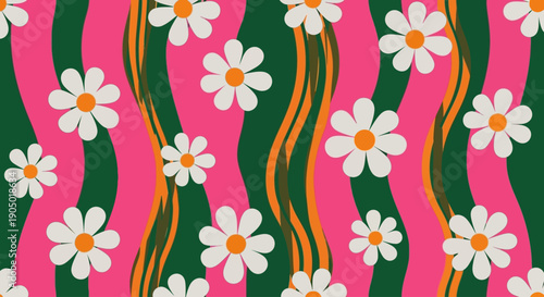 Vibrant floral pattern featuring white daisies on wavy green and pink stripes from a top-down viewpoint
