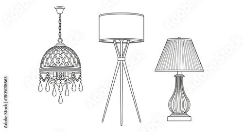 Illustration of various lamps and lighting fixtures in a simple line art style