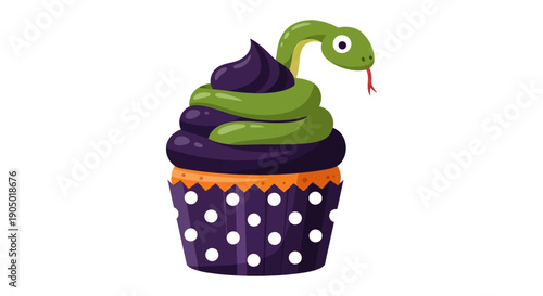 A cartoon cupcake with purple and green frosting and a snake decoration on top, perfect for a Halloween treat