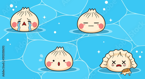 Four dumplings floating on cracked ice with different facial expressions in a serene winter scene