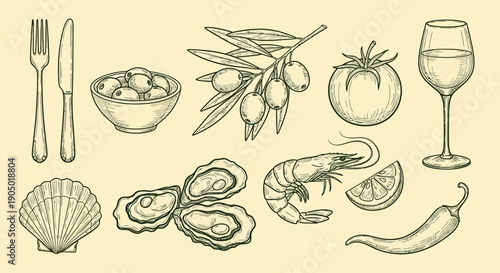 Collection of seafood and dining elements including utensils, olives, tomato, wine glass, and various delicacies on a neutral background viewed from directly above.