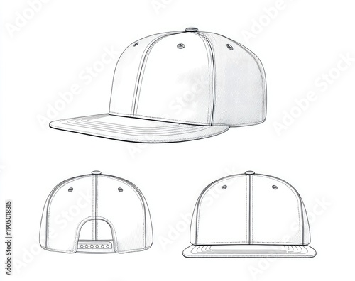 Detailed illustrations of a white snapback hat from multiple perspectives