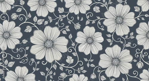 Floral pattern with leaves and flowers in a vintage design on a dark background from a direct viewpoint