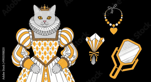 Illustration of a regal cat in Renaissance attire, adorned with jewelry, standing beside ceremonial fan and mirror
