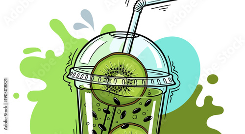 A green boba tea drink with straw and green paint splatter on transparent background illustration