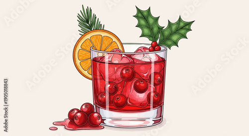 A festive cocktail glass filled with red drink, cranberries, and orange slice, garnished with holly leaves and berries, on a crisp white background, viewed from the side.