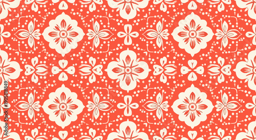 Repeating pattern of floral motifs and geometric shapes in a vibrant design