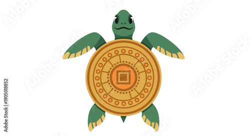A green turtle with a golden circular shield on its back viewed from directly above