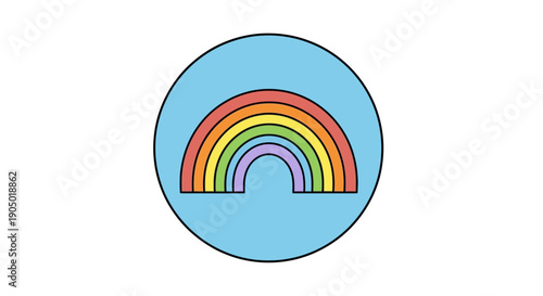A vibrant rainbow graphic centered within a blue circle on a clean white background, viewed directly from the front.