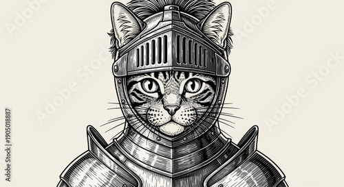 A regal cat in medieval armor gazes forward, a detailed illustration showcasing feline, armor, knight, heroism, and medieval themes