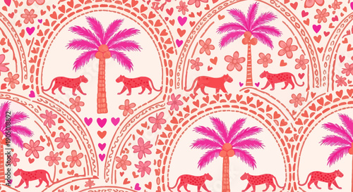 Vibrant tropical scene with palm trees and animals in ornate arches, seamless pattern, digital illustration, close-up viewpoint