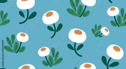 Floral pattern featuring white flowers with orange centers and green leaves on a blue background from a top view
