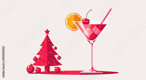 A vibrant martini glass with a cherry garnish and orange slice sits beside a festive Christmas tree