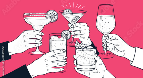Hands holding various cocktails and drinks together in a toast