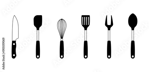 Set of black and white kitchen utensil icons without background.