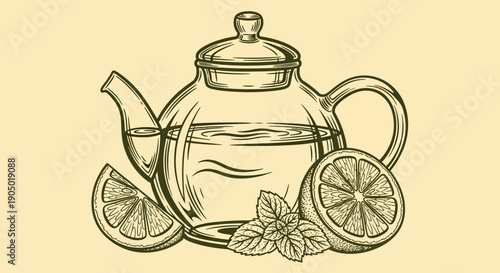 An illustration of a teapot with lemons and mint leaves surrounding it, viewed from the front.