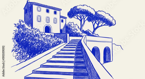 A serene illustration of a staircase leading to a building surrounded by trees and foliage