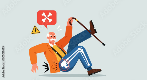 Elderly man falling, injured, and distressed, struggling to get up with a cane in a hazardous environment