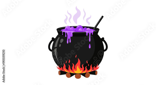 A black cauldron bubbling with purple liquid on a fiery stove, emitting steam, in a mystical illustration