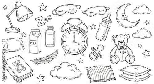 A serene illustration of baby care items and soothing elements surrounding an alarm clock, centered around a teddy bear, in a dreamy, starry night sky.