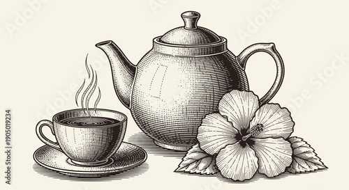 A steaming teacup and saucer sits beside a teapot and hibiscus flower illustration