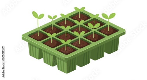 Young seedlings growing in a green grid planter with soil, viewed from above