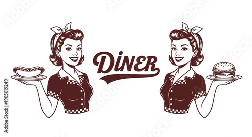 Vintage diner waitress illustration holding trays of food in a retro setting
