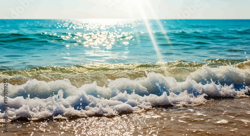 Serene ocean waves gently lapping at the sandy beach under bright sunlight from a low viewpoint