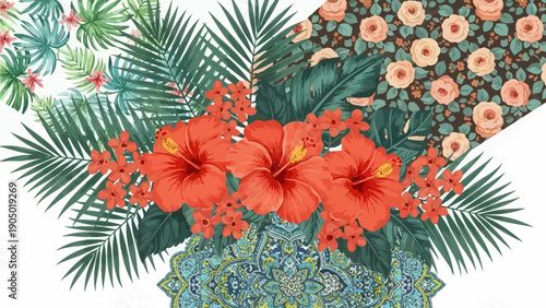 Vibrant tropical flowers and lush greenery arranged in a decorative pot viewed from above in a graphic illustration