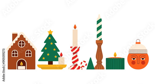 Festive Christmas icons including house, tree, and ornaments displayed in a row