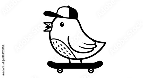 A cartoon bird wearing a baseball cap rides a skateboard, illustrated in a simple black and white style.