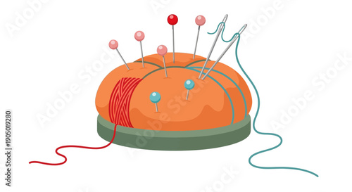 Sewing needles and threads on a pin cushion for crafting and tailoring purposes
