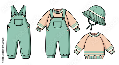 Illustration of children's clothing and accessories including overalls, sweater, and hat displayed together