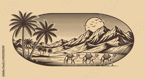 Caravan travels through desert landscape with mountains and palm trees under full moon