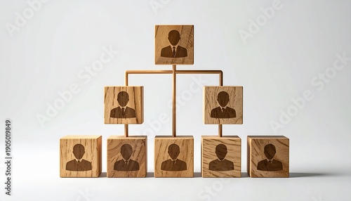 Wooden blocks arranged in pyramid hierarchy with person icons symbolizing corporate organizational structure management levels and reporting relationships