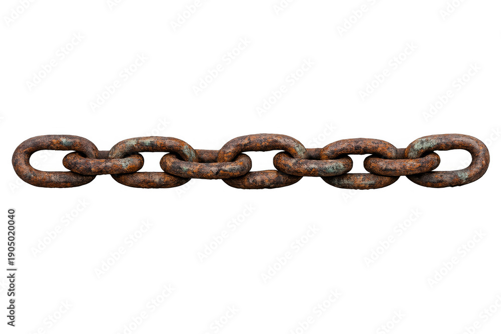 Fototapeta premium Rusty metal chain links showing corrosion and strong connection, creating a weathered industrial texture on transparent background