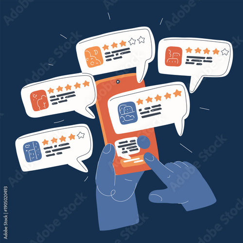 Cartoon vector illustration of a hand holding a smartphone displaying messages with ratings and stars, symbolizing feedback, reviews, and online reputation