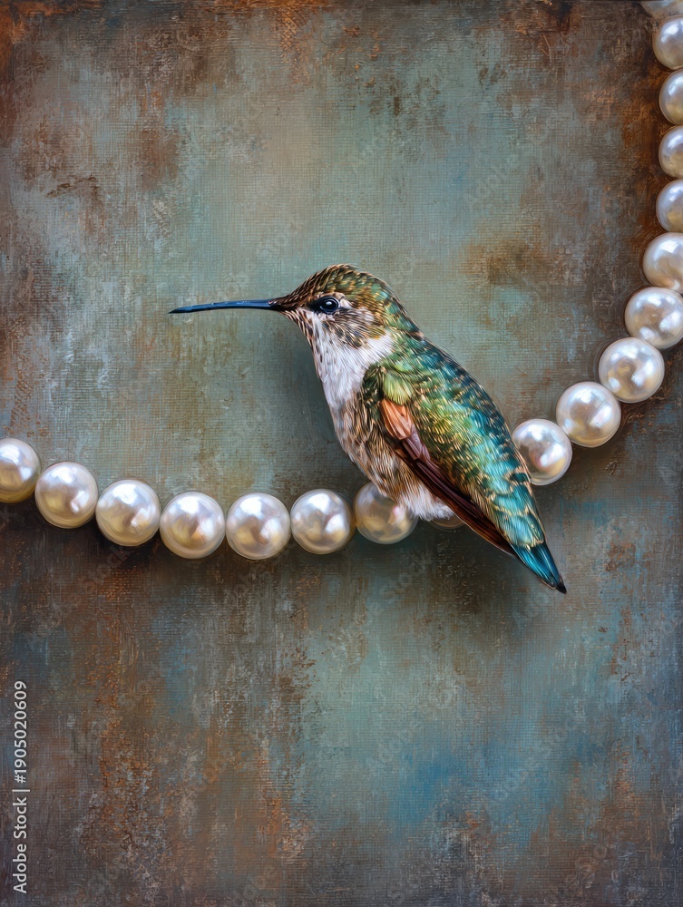 Naklejka premium Hummingbird perched on pearl necklace artistic still life