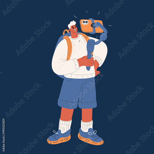 Cartoon vector illustration of a man standing with a tripod and smartphone, filming content for a blog, symbolizing creativity, personal branding, and digital storytelling