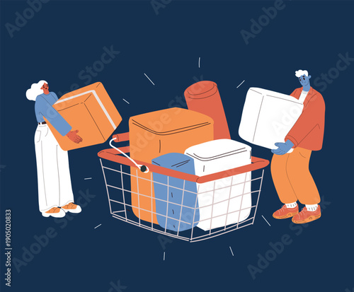 Cartoon vector illustration of people placing items into a large shopping basket, symbolizing teamwork, collaboration, and collective effort