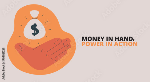 Cartoon vector illustration of a hand holding a bag of dollars, symbolizing wealth, financial success, and prosperity