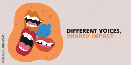Cartoon vector illustration of mouths singing together with open and closed positions, symbolizing harmony, music, and collaborative creativity