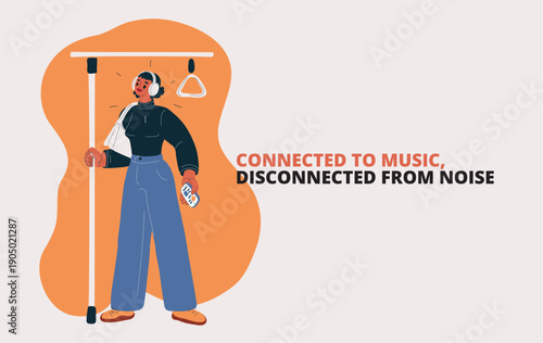 Cartoon vector illustration of a woman wearing headphones while traveling in public transport, symbolizing personal space, music, and contemplation