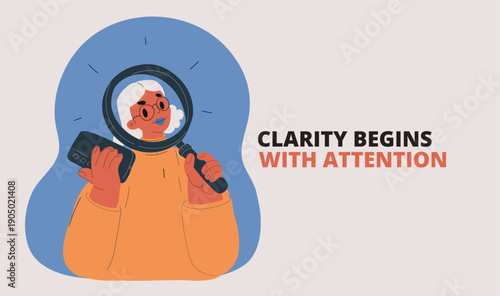 Cartoon vector illustration of a woman looking through a magnifying glass, symbolizing investigation, attention to detail, and curiosity