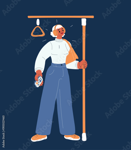 Cartoon vector illustration of a woman traveling in public transport listening to a music player with headphones, symbolizing personal space, relaxation, and immersion in sound