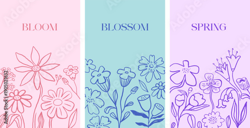 Vintage hand drawn floral print and poster templates collection. Vertical card backgrounds set.