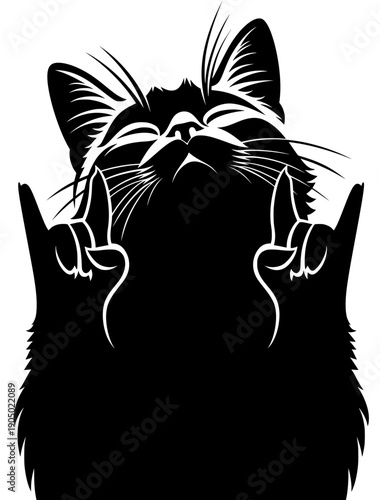 A cat shows a rock hand gesture expressing bold attitude rebel humor and edgy expression in a black and white graphic illustration with a modern statement style.