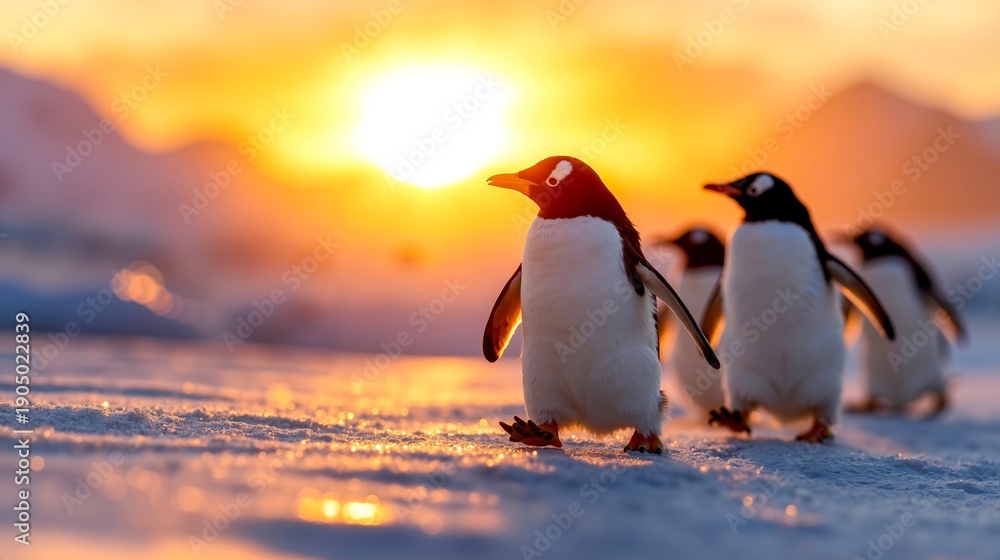 Fototapeta premium A group of penguins walking across a snow covered field