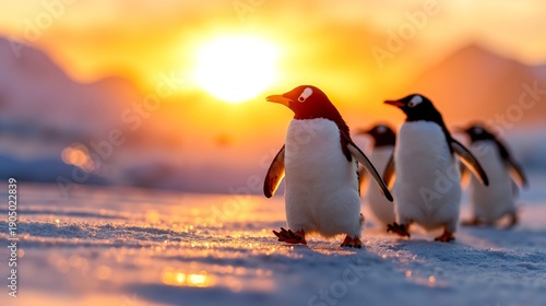 A group of penguins walking across a snow covered field