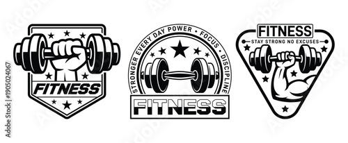 Fitness Badge Emblem Design, Professional Fitness Logo, Badge and Emblem for Gym Branding, Black and White Fitness Badge vector collection